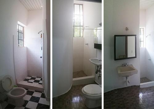 2 immagini di un bagno con servizi igienici e lavandino di House Colonial Style a La Hatte