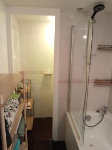 une salle de bain avec douche et baignoire dans l'établissement Petit nid perché très cosy au centre de Béziers, à Béziers