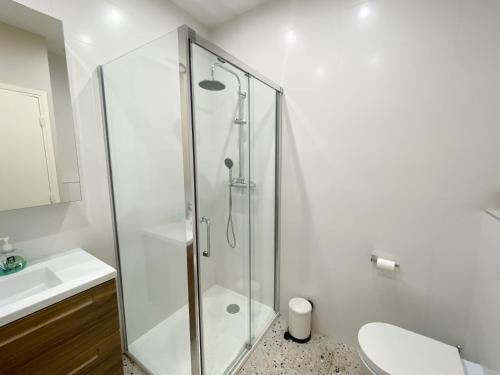 une salle de bain avec une douche, des toilettes et un lavabo dans l'établissement Mediterranee - un trois pièces à deux pas de la plage, à Nice