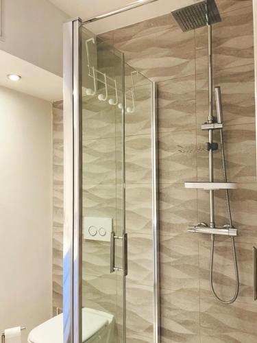 une douche avec une porte vitrée dans une salle de bain dans l'établissement Le Garib, à Nice