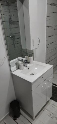 a white bathroom with a sink and a mirror at C&C apartamente in Sîngeorgiu de Mureş