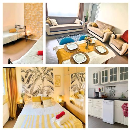 un collage de quatre photos d'un salon dans l'établissement Appart lumineux et spacieux au centre-ville de Lyon, à Lyon