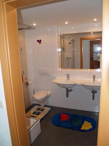 a bathroom with a sink and a toilet and a mirror at Ranner's Ferienwohnung in Hermagor