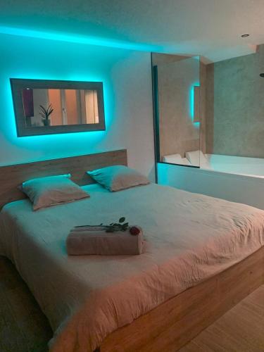 - une chambre avec un grand lit bleu clair dans l'établissement Love Room, studio Woody Spa , Balnéo, à Saint-Chamond