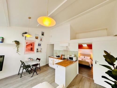 Il comprend une petite cuisine et un salon avec un lit. dans l'établissement La Papaya - Superbe appartement au centre, à Épinal