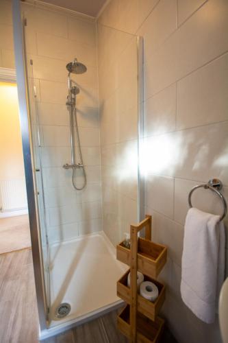 a bathroom with a shower and a tub with a toilet at Y Caban in Cemaes Bay