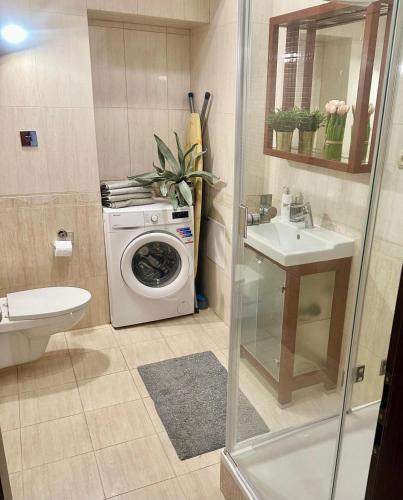 a bathroom with a washing machine and a sink at Exclusive Apartments Smolna in Warsaw