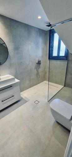 a bathroom with a shower and a toilet and a sink at The Citrus House in Kalavárda