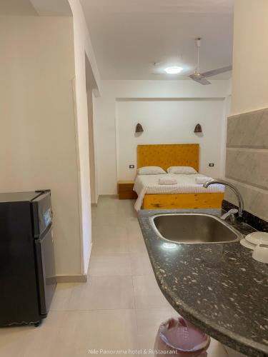 a bathroom with a sink and two beds at Nile Panorama Hotel in Luxor