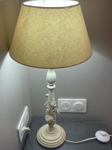 a lamp sitting on top of a table with a lamp at Appart' Spa et Sauna Privatif Au Cœur De Beaune in Beaune