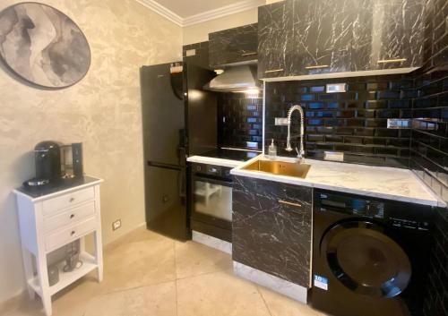 une cuisine avec un évier et une machine à laver dans l'établissement Luxurious 2P Cannes Croisette-Plein Sud & Chic Decor, à Cannes