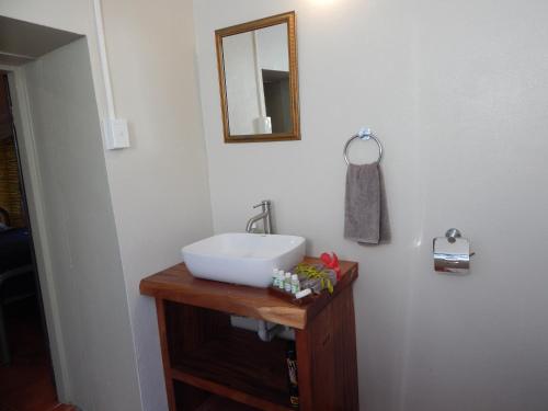 a bathroom with a sink and a mirror on the wall at Octopus Resort in Nalauwaki