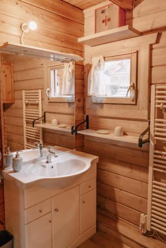 une salle de bain avec un lavabo et un miroir dans l'établissement Chalet proche Fontainebleau senart Paris, parking gratuit, à Réau