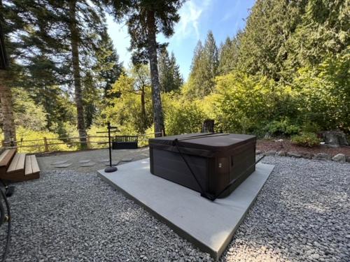 a large black object sitting on a slab in a park at MHL Stevenson 97 in Stevenson