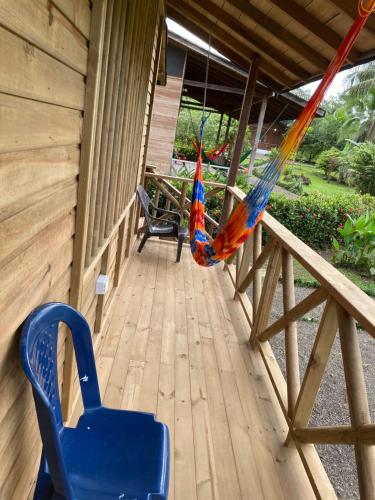a parrot hanging from a hammock on a porch at Sonona jovi in Nuquí