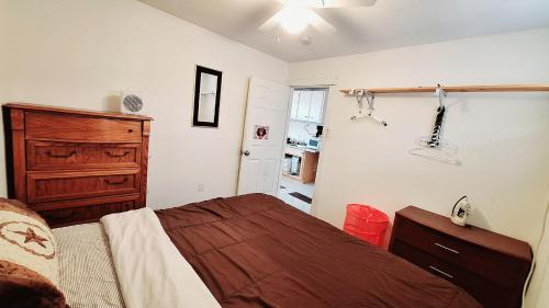 a bedroom with a bed and a dresser and a closet at Charming Cozy studio 1 in Austin