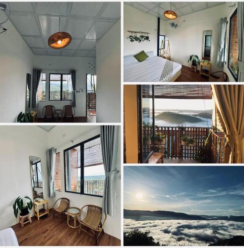 a collage of photos of a room with a bed and windows at Mây và Mây - Homestay Măng Đen in Kon Von Kla