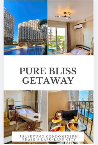 a collage of photos of a hotel room with a bed and a breakfast on at Pure Bliss Getaway Condo Near Mactan Airport Lapu-Lapu in Lapu Lapu City