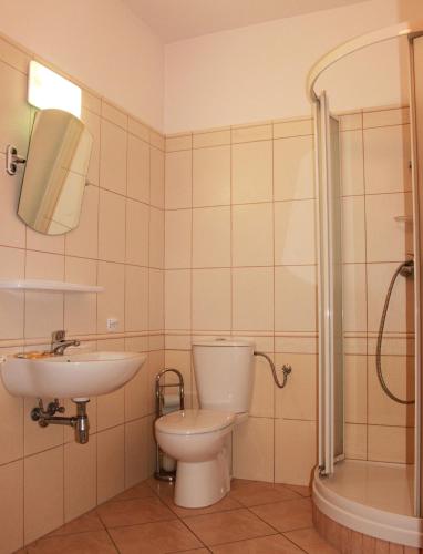 a bathroom with a toilet and a sink and a shower at Pałac w Nosowie in Nosowo