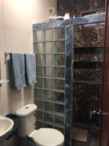 a bathroom with a shower with a toilet and a sink at Casa Cypress - Acogedor Departamento Vacacional in Puerto Baquerizo Moreno
