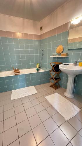 une salle de bain avec une baignoire et un lavabo dans l'établissement Appartement intra-muros climatisé coeur historique, à Avignon