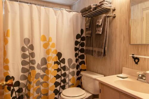 a bathroom with a toilet and a shower curtain at RACC00N Rock Charming Hot Tub Cabin in Pine Cove