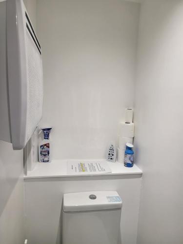 a white bathroom with a toilet and a shelf above it at Evabrite Homes in Dartford