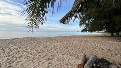 a beach with two pairs of logs on the sand at Suan Bankrut Beach Resort in Ban Krut