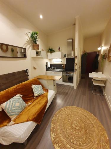 un salon avec un canapé et une cuisine dans l'établissement Studio au cœur du vieux Nice, à Nice