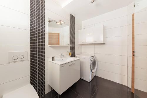 La salle de bains blanche est pourvue d'un lavabo et d'un lave-linge. dans l'établissement Frida's Place Ljubljana, à Ljubljana