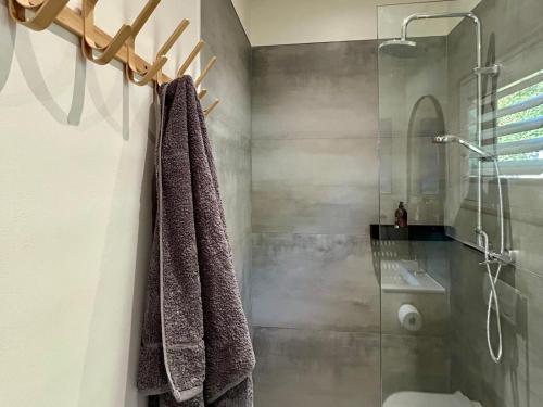 y baño con ducha y cabina de ducha acristalada. en Nook Living, en Riebeek-Kasteel
