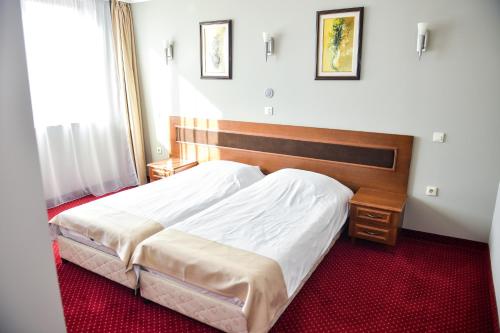 a bedroom with a large bed with a wooden headboard at Хотел "Скалите", Skalite Hotel in Belogradchik