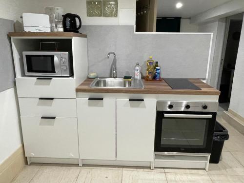une petite cuisine avec un évier et un micro-ondes dans l'établissement Petite Chambre avec SdB partagée, à Angers