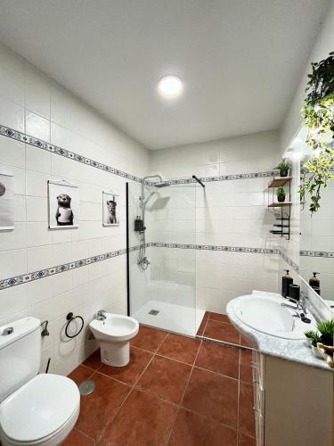 a bathroom with a toilet and a tub and a sink at Alojamiento Casa Tía Mari in El Robledo