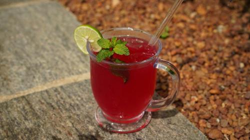 a drink in a glass with a lime and a mint leaf at OMA Hikkaduwa in Hikkaduwa