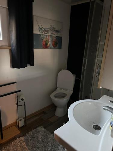 a bathroom with a white sink and a toilet at Jagoda in Brenna
