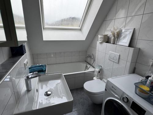 a bathroom with a sink and a toilet and a window at Gemütlich Geräumig & Modern in Seelbach