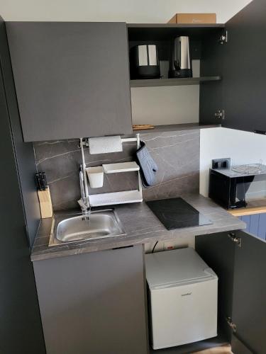 a small kitchen with a sink and a microwave at Chez LilYves in Bouray-sur-Juine