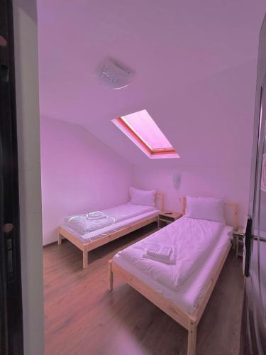 a room with two beds and a skylight at Pensiune MOIL in Vîrfurile