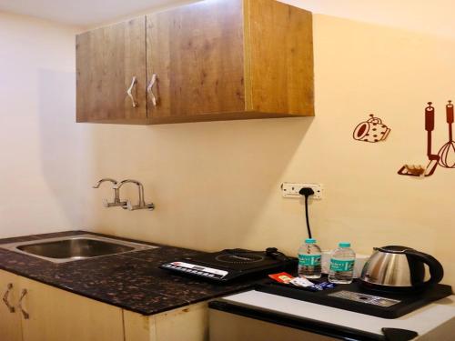 a kitchen with a sink and a counter top at LA Riqueza Pride Inn # Rootop Swimming Pool with Mountain View # Free Parking # Tapovan # Center of Rishikesh# in Rishīkesh