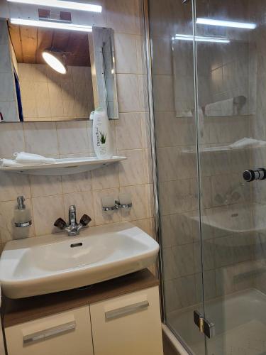 a bathroom with a sink and a shower at Haus Frei-Zambra in Vandans