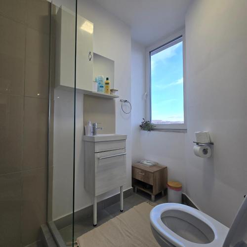 a bathroom with a toilet and a glass shower at MA DONNA rooms in Floreşti