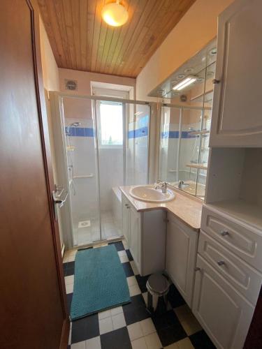 une salle de bain avec un lavabo, une douche et un miroir dans l'établissement Maison confortable 7 personnes proche plage Crozon Morgat, à Crozon