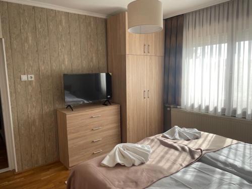 a bedroom with a bed and a tv on a dresser at Alice Vendégház in Kalocsa
