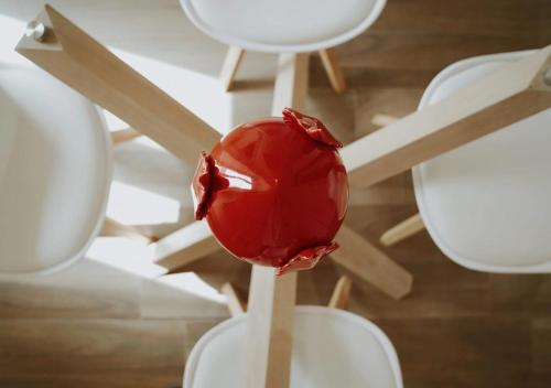 a red flower on a stick in front of chairs at Ulivi Bianchi Luxury Home in Puglia in Putignano