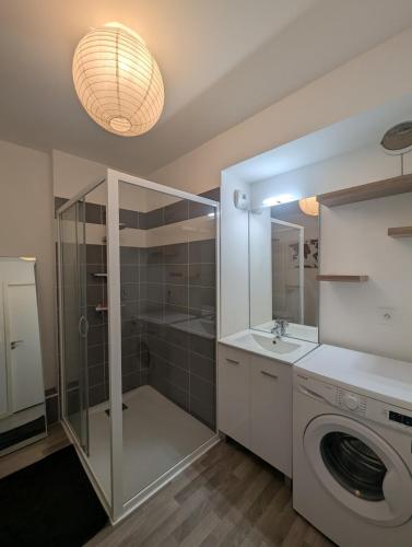 une salle de bain avec une machine à laver et un lavabo dans l'établissement Le Panoramique, à Hennebont