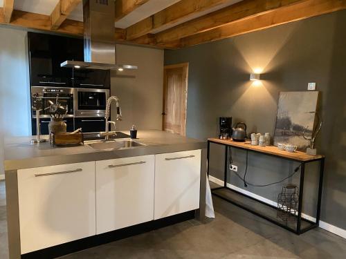 a kitchen with white cabinets and a sink at Antoniushofke in Asten