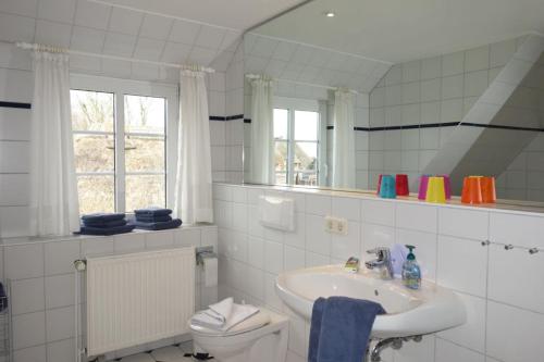 une salle de bain avec un lavabo, des toilettes et un miroir dans l'établissement Ferienhaus Adebar 1, à Oevenum