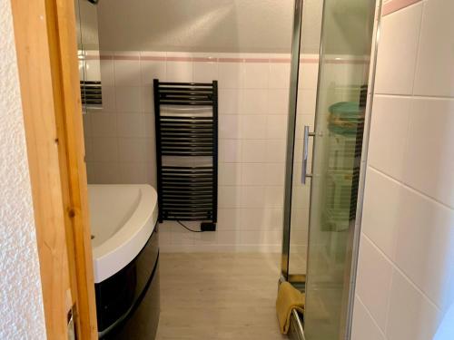 une salle de bain avec un lavabo et une douche en verre dans l'établissement Appart proche plage, piscine et base nautique, à Malbuisson