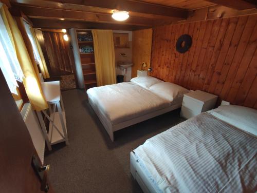 a bedroom with two beds in a wooden room at Chata Urban Filipovice in Bělá pod Pradědem
